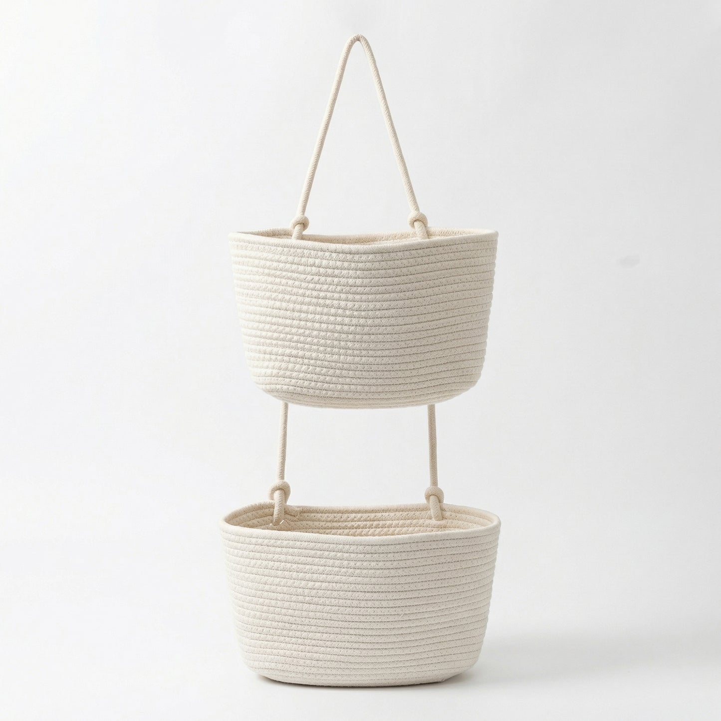 2 Tier Hanging Storage Basket Cotton Rope Wall Organizer Modern Neutral Storage