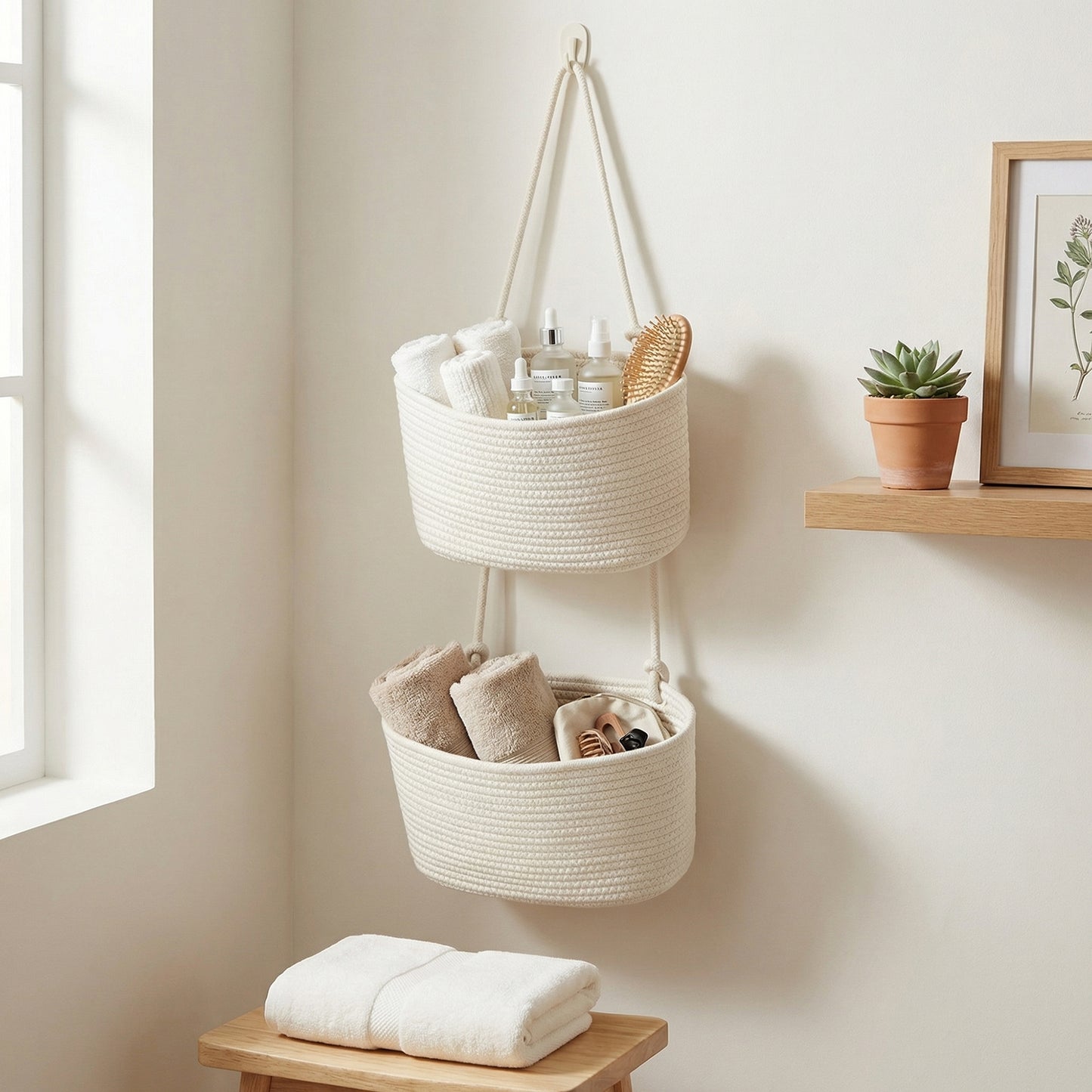 2 Tier Hanging Storage Basket Cotton Rope Wall Organizer Modern Neutral Storage