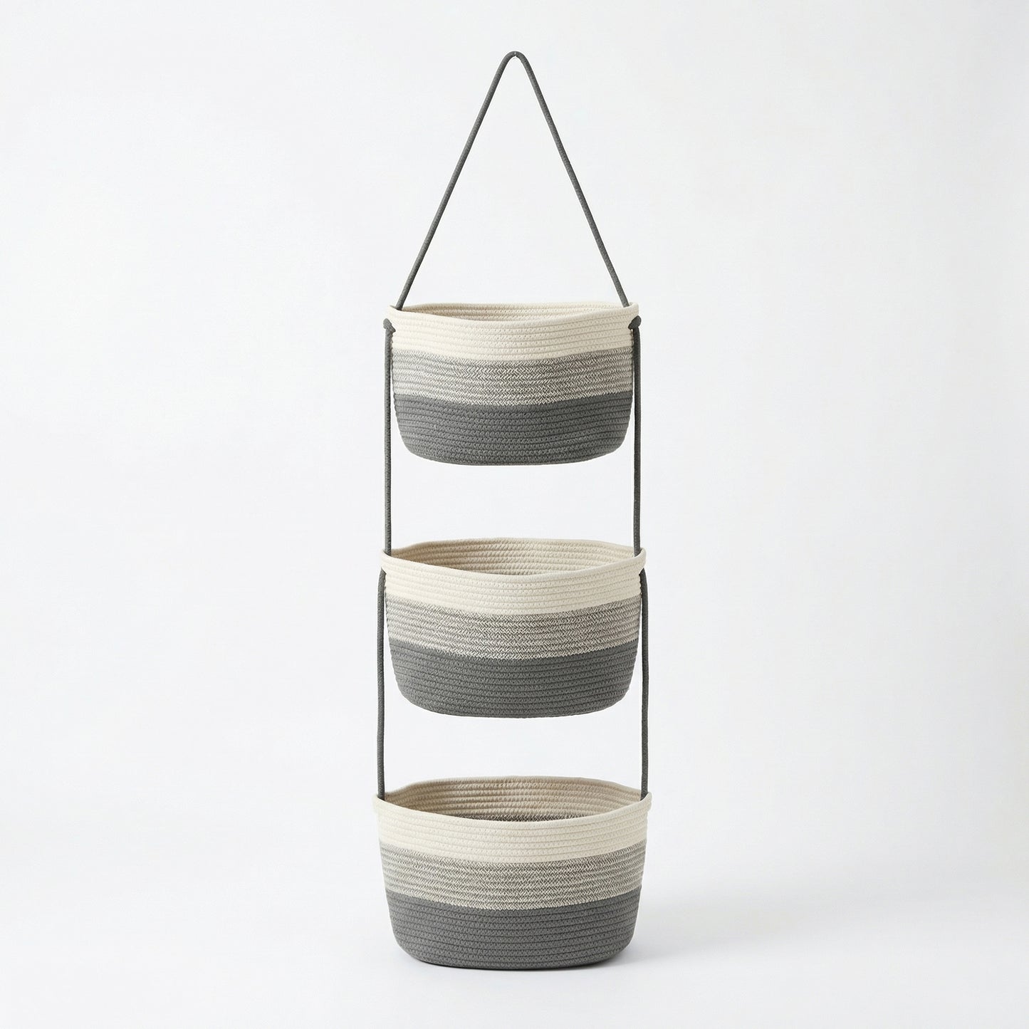 3 Tier Hanging Storage Basket Cotton Rope Wall Organizer Neutral Space Saving Storage