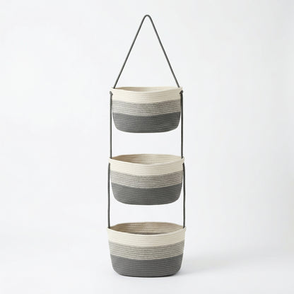 3 Tier Hanging Storage Basket Cotton Rope Wall Organizer Neutral Space Saving Storage
