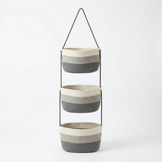 3 Tier Hanging Storage Basket Cotton Rope Wall Organizer Neutral Space Saving Storage