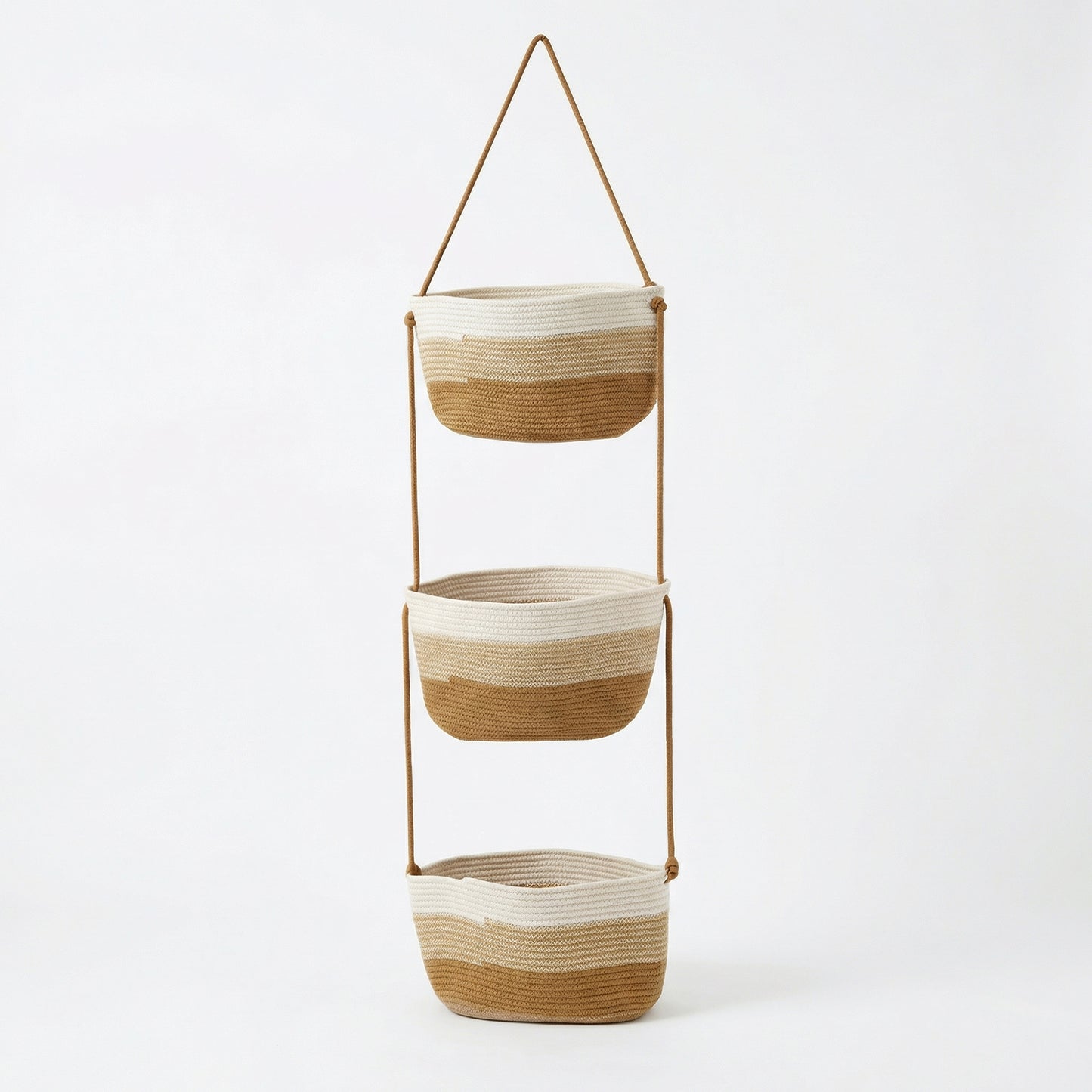 3 Tier Hanging Storage Basket Cotton Rope Wall Organizer Neutral Space Saving Storage