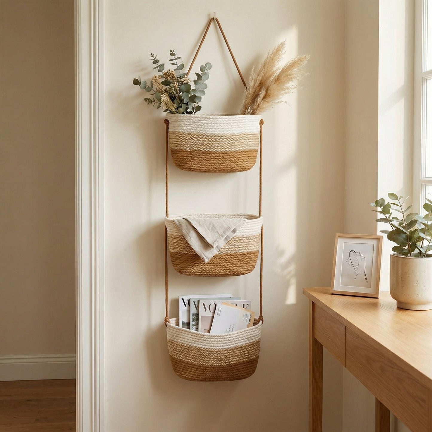 3 Tier Hanging Storage Basket Cotton Rope Wall Organizer Neutral Space Saving Storage