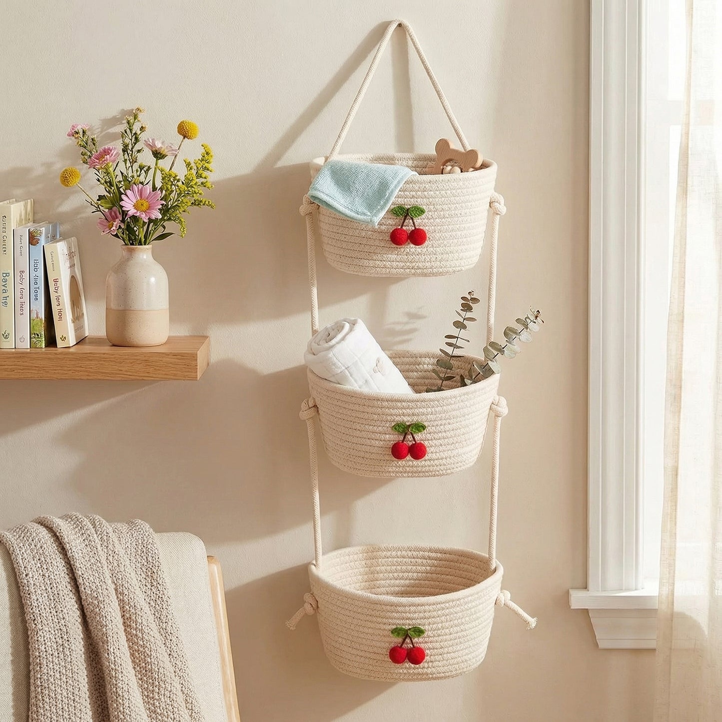 3 Tier Hanging Wall Storage Basket Organizer Decorative Vertical Storage for Bedroom Kitchen
