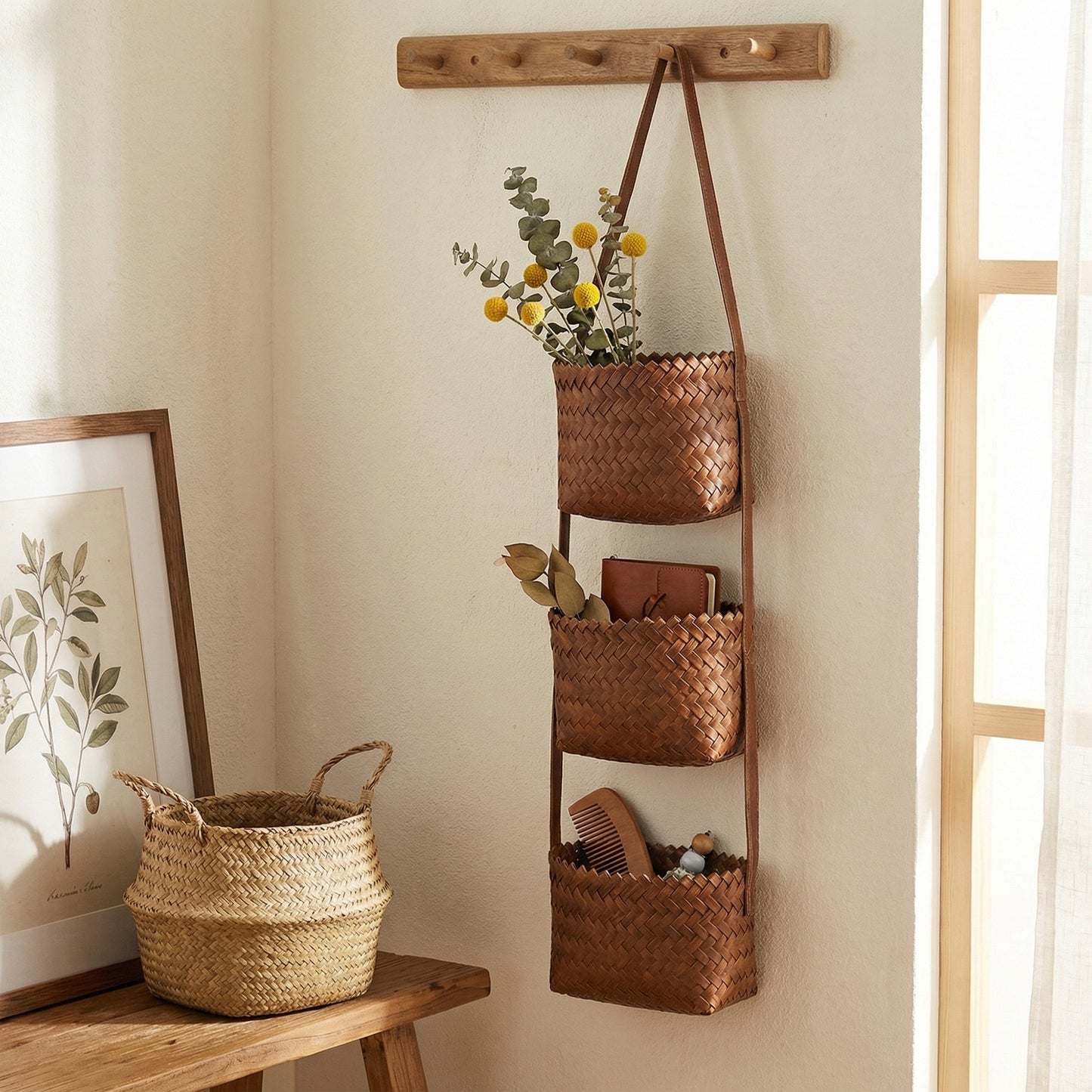 3 Tier Hanging Wall Storage Basket Organizer Woven Style Vertical Storage for Bathroom Entryway