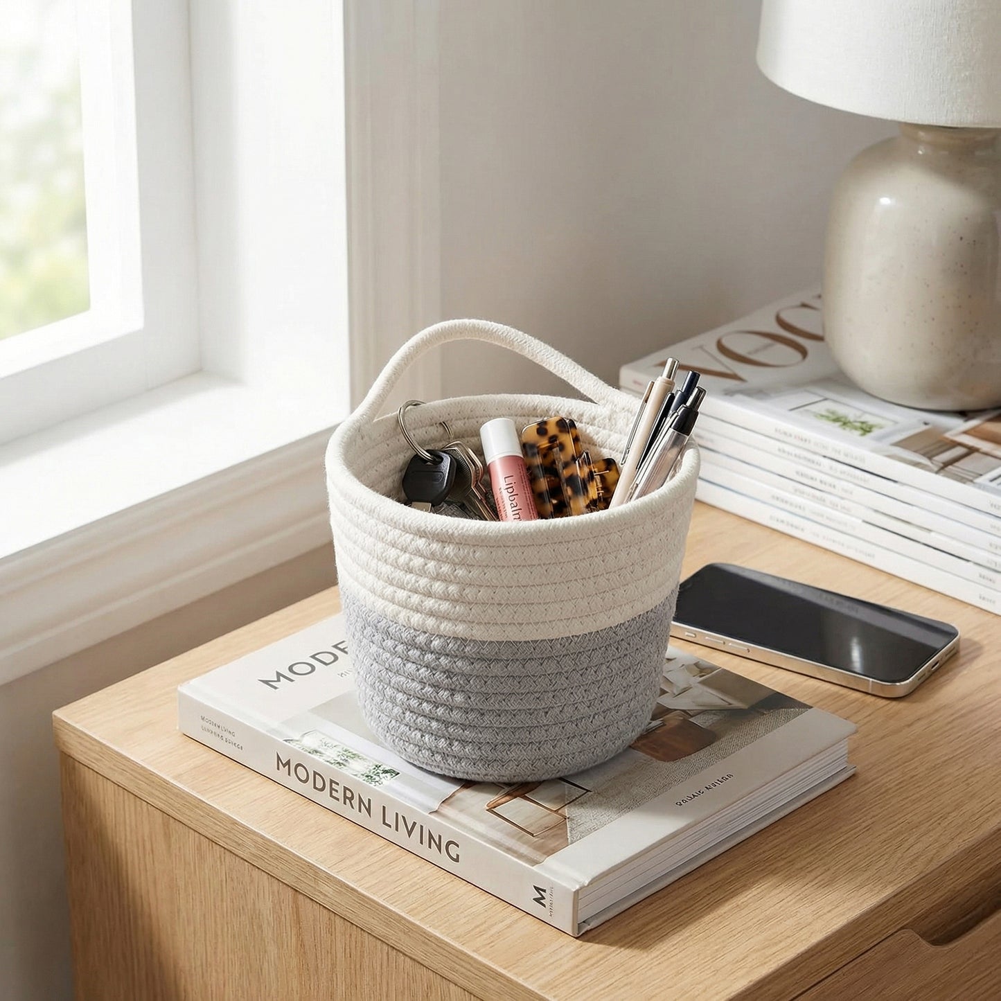 Small Hanging Storage Basket with Handle Woven Style Organizer for Bathroom Bedroom Entryway