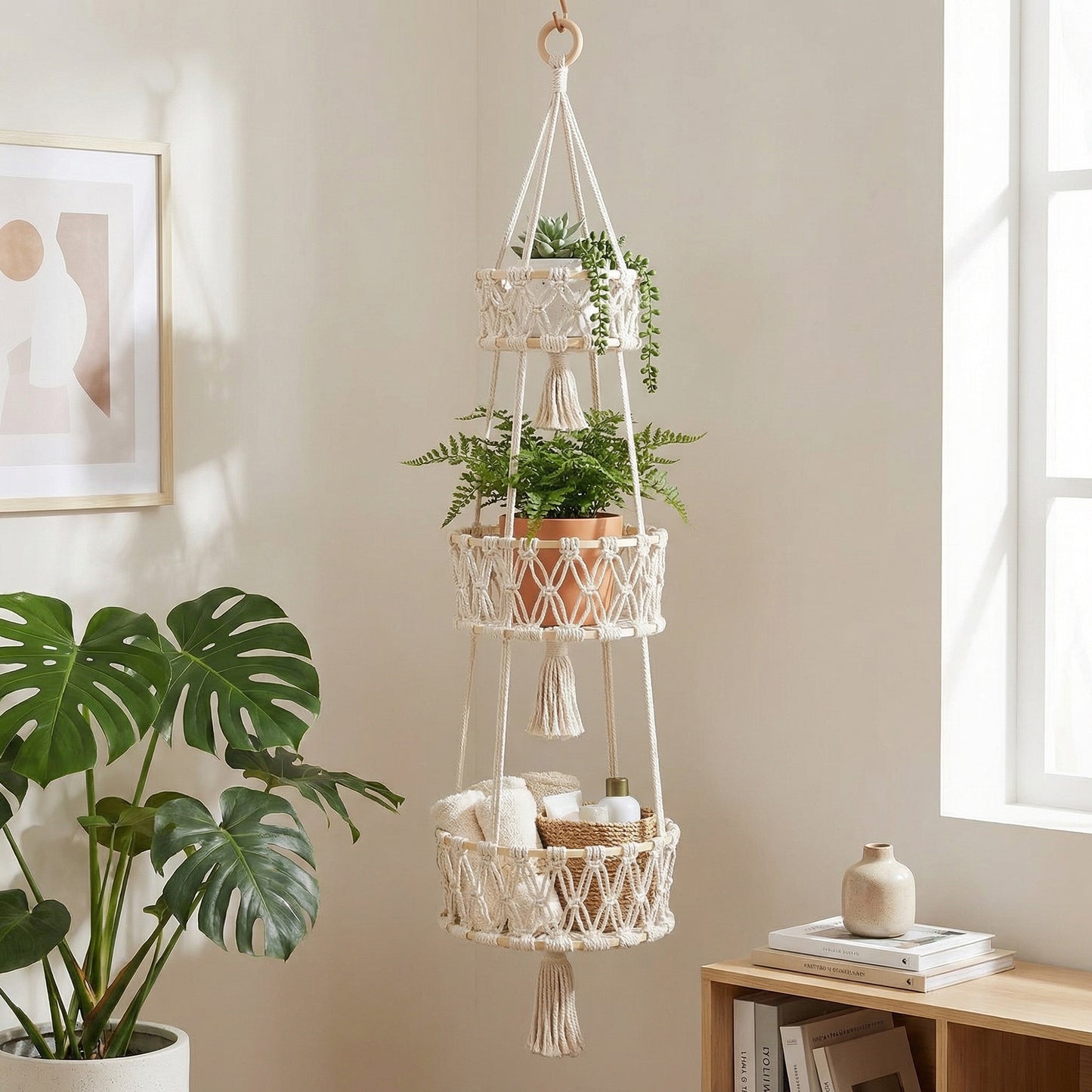 Three Tier Hanging Storage Organizer Macrame Style Basket for Plants Bathroom Kitchen Bedroom