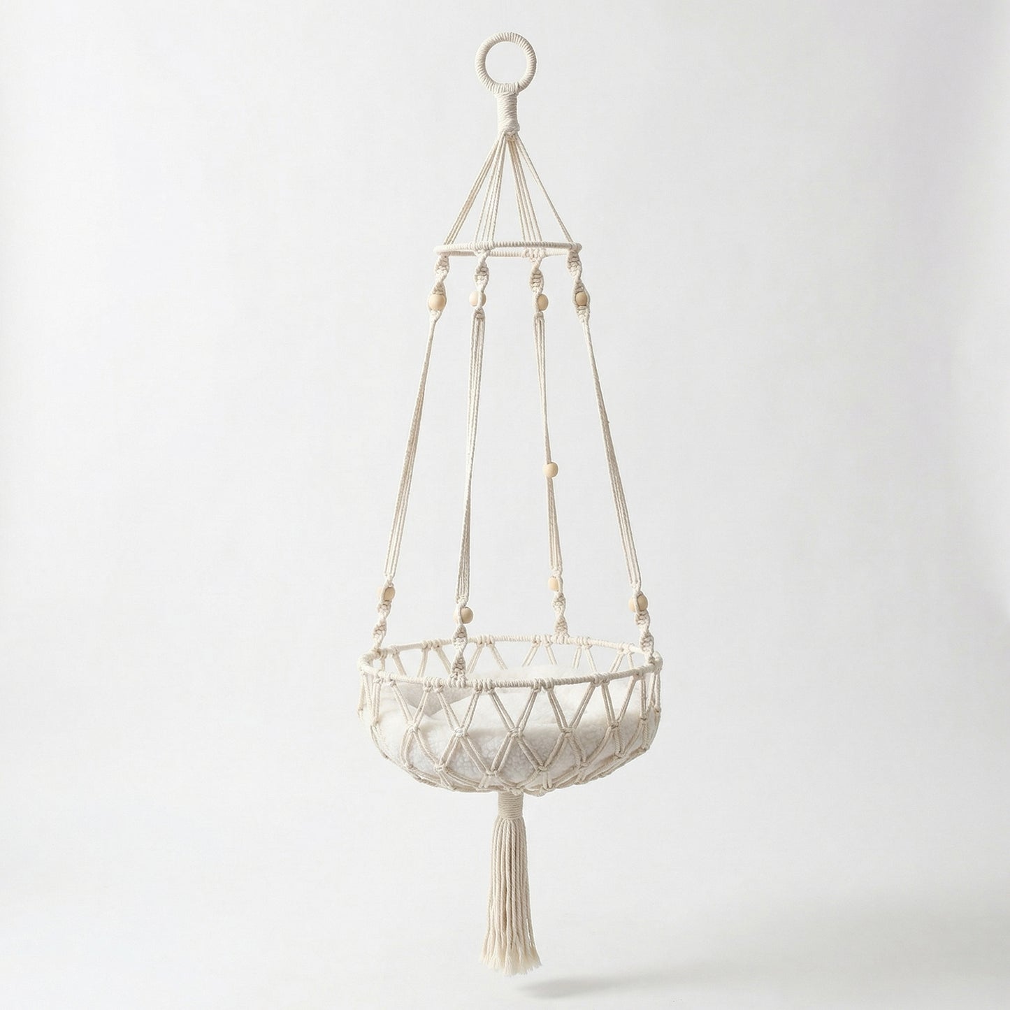 Hanging Macrame Style Storage Basket Round Organizer with Tassel for Bedroom Living Room Bathroom