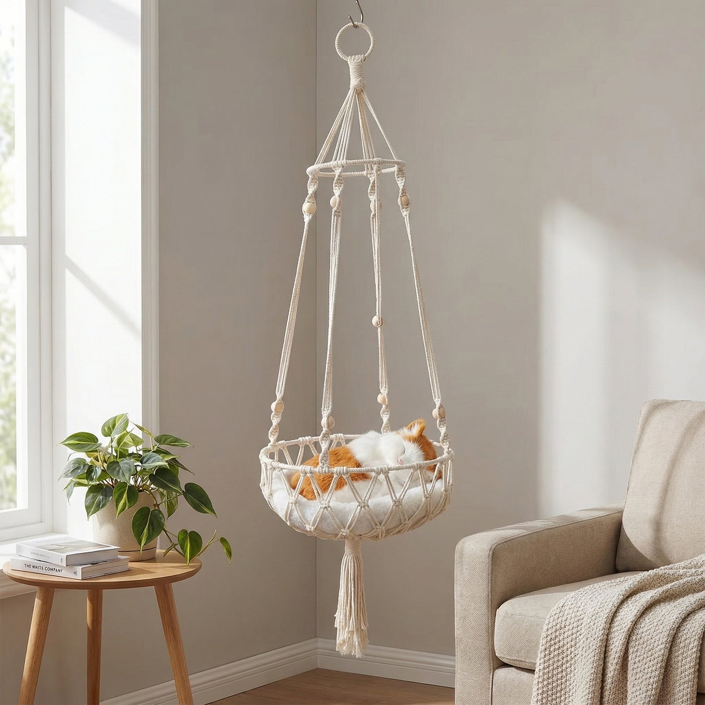 Hanging Macrame Style Storage Basket Round Organizer with Tassel for Bedroom Living Room Bathroom