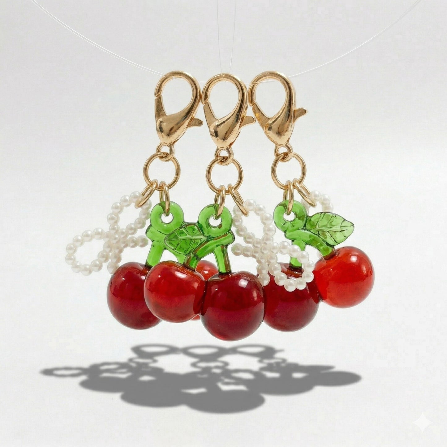 3 Pcs Cherry Charm Clip Set with Faux Pearl Accent Decorative Bag Charm Keychain Accessory