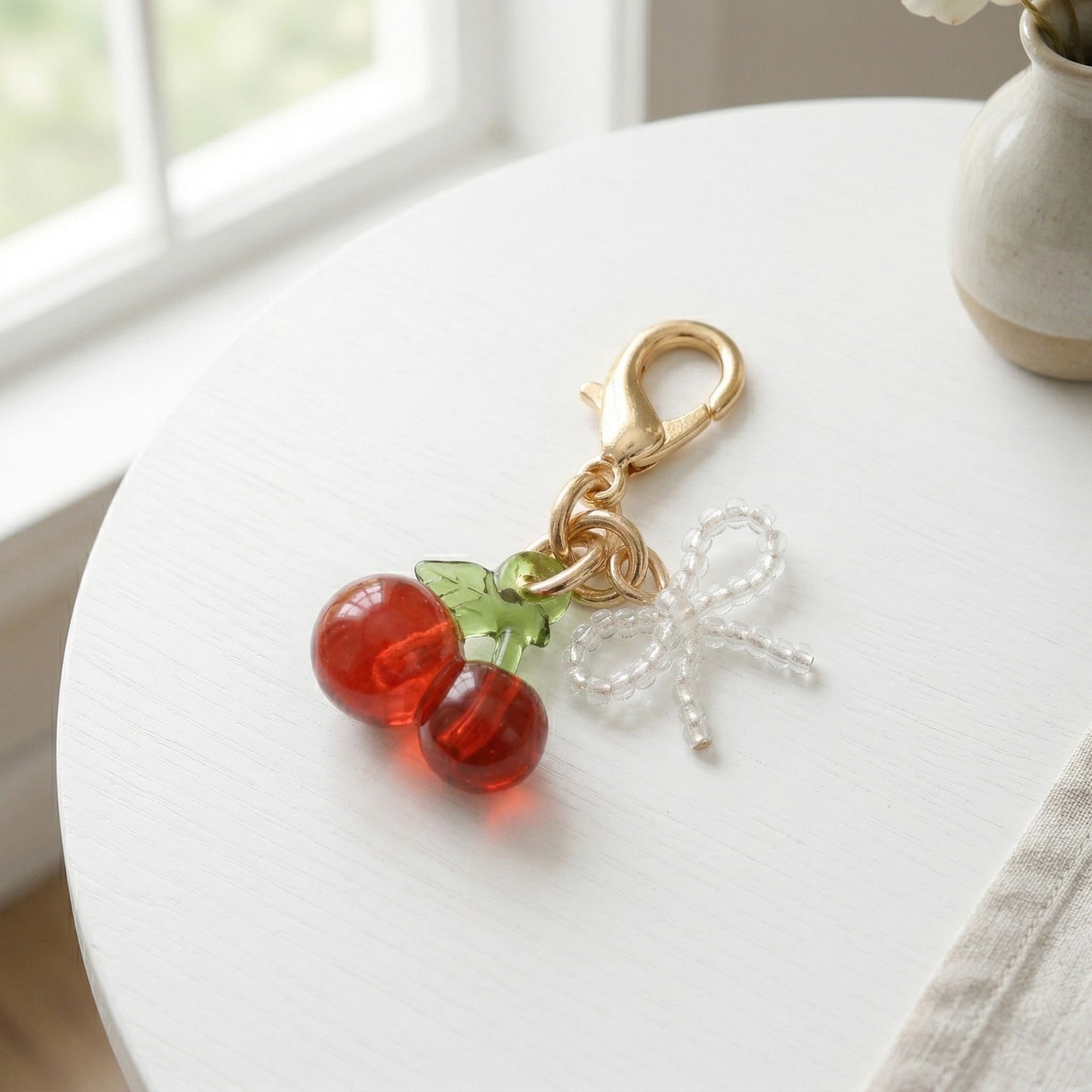 3 Pcs Cherry Charm Clip Set with Faux Pearl Accent Decorative Bag Charm Keychain Accessory
