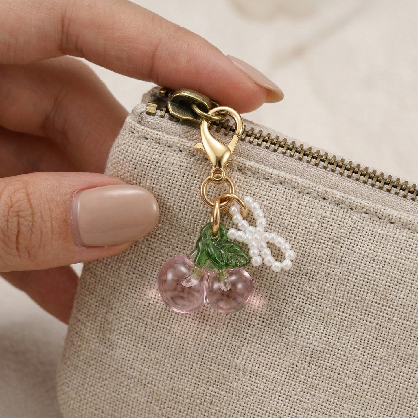 3 Pcs Cherry Charm Clip Set with Faux Pearl Accent Decorative Bag Charm Keychain Accessory