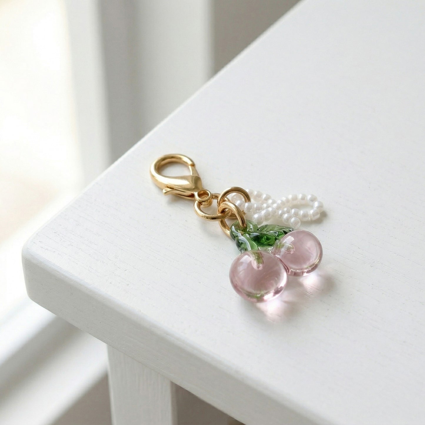3 Pcs Cherry Charm Clip Set with Faux Pearl Accent Decorative Bag Charm Keychain Accessory