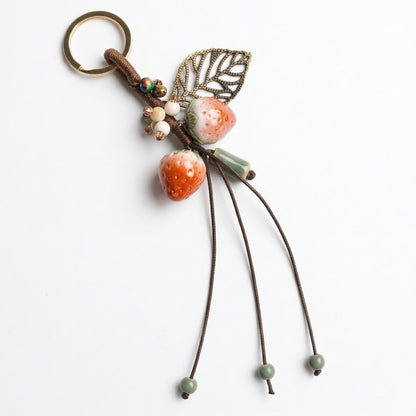 Strawberry Charm Keychain with Beaded Tassel Accent Decorative Bag Charm Accessory