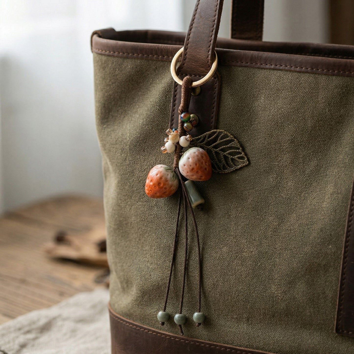 Strawberry Charm Keychain with Beaded Tassel Accent Decorative Bag Charm Accessory