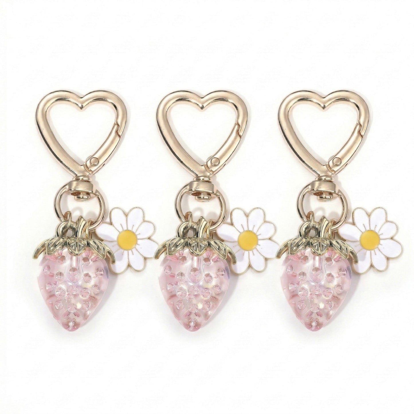 3 Pcs Strawberry Charm Keychain Set with Daisy Pendant and Heart Clip Decorative Bag Charm