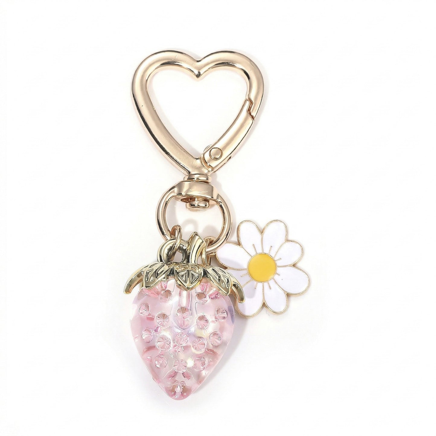 3 Pcs Strawberry Charm Keychain Set with Daisy Pendant and Heart Clip Decorative Bag Charm