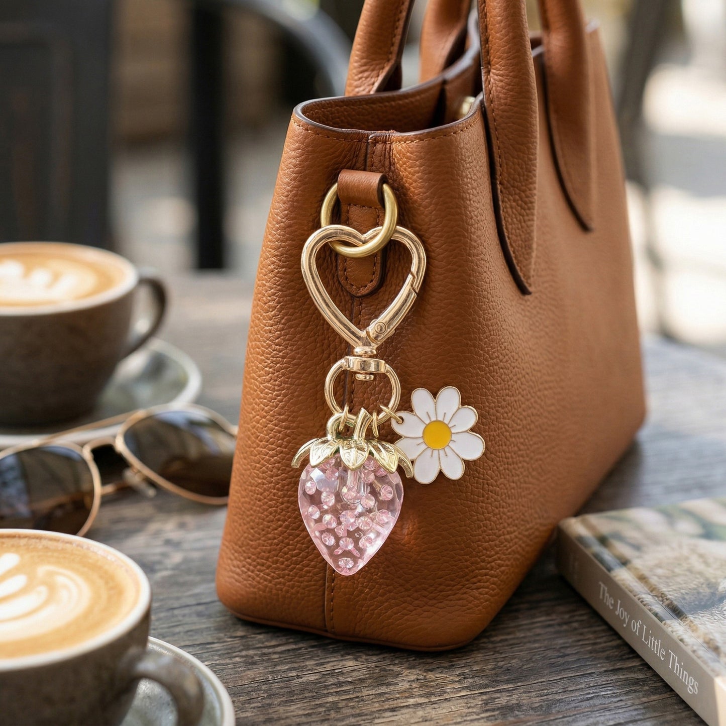 3 Pcs Strawberry Charm Keychain Set with Daisy Pendant and Heart Clip Decorative Bag Charm