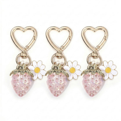 3 Pcs Strawberry Charm Keychain Set with Daisy Pendant and Heart Clip Decorative Bag Charm