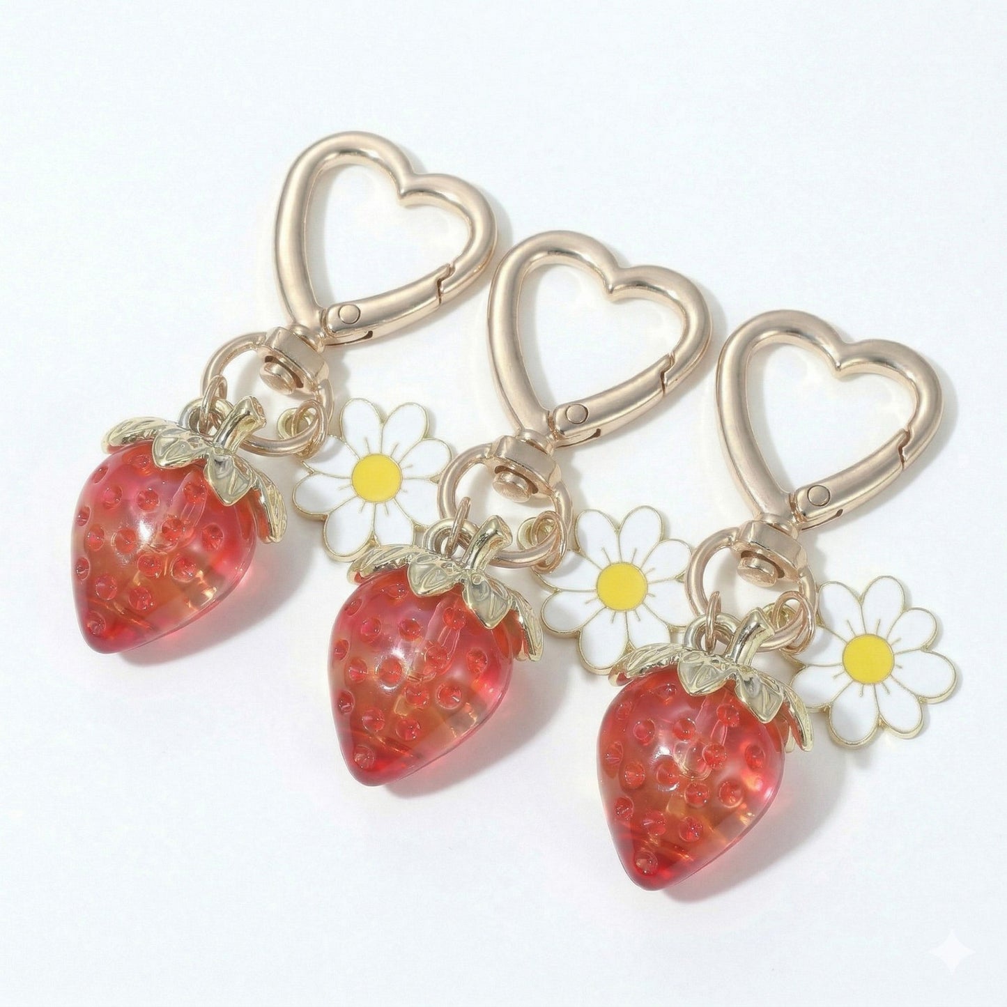 3 Pcs Strawberry Charm Keychain Set with Daisy Pendant and Heart Clip Decorative Bag Charm