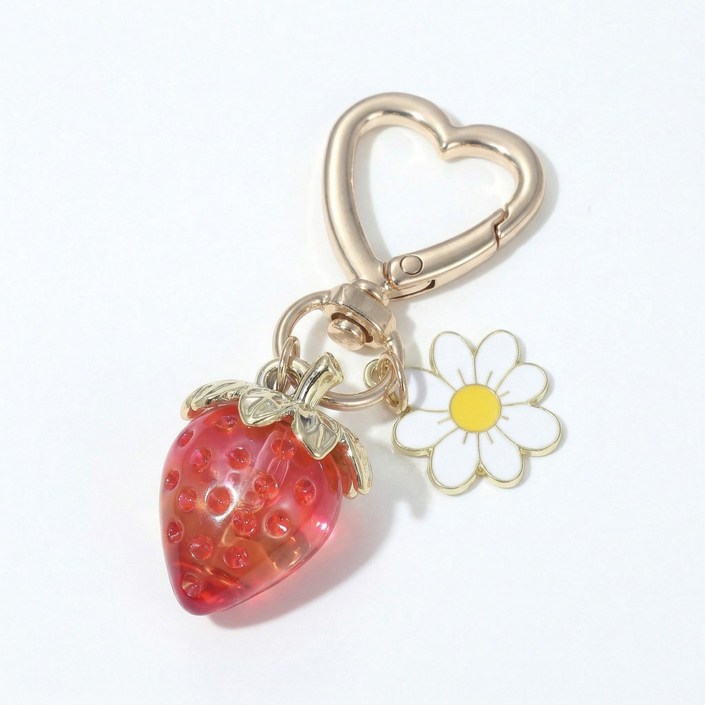 3 Pcs Strawberry Charm Keychain Set with Daisy Pendant and Heart Clip Decorative Bag Charm