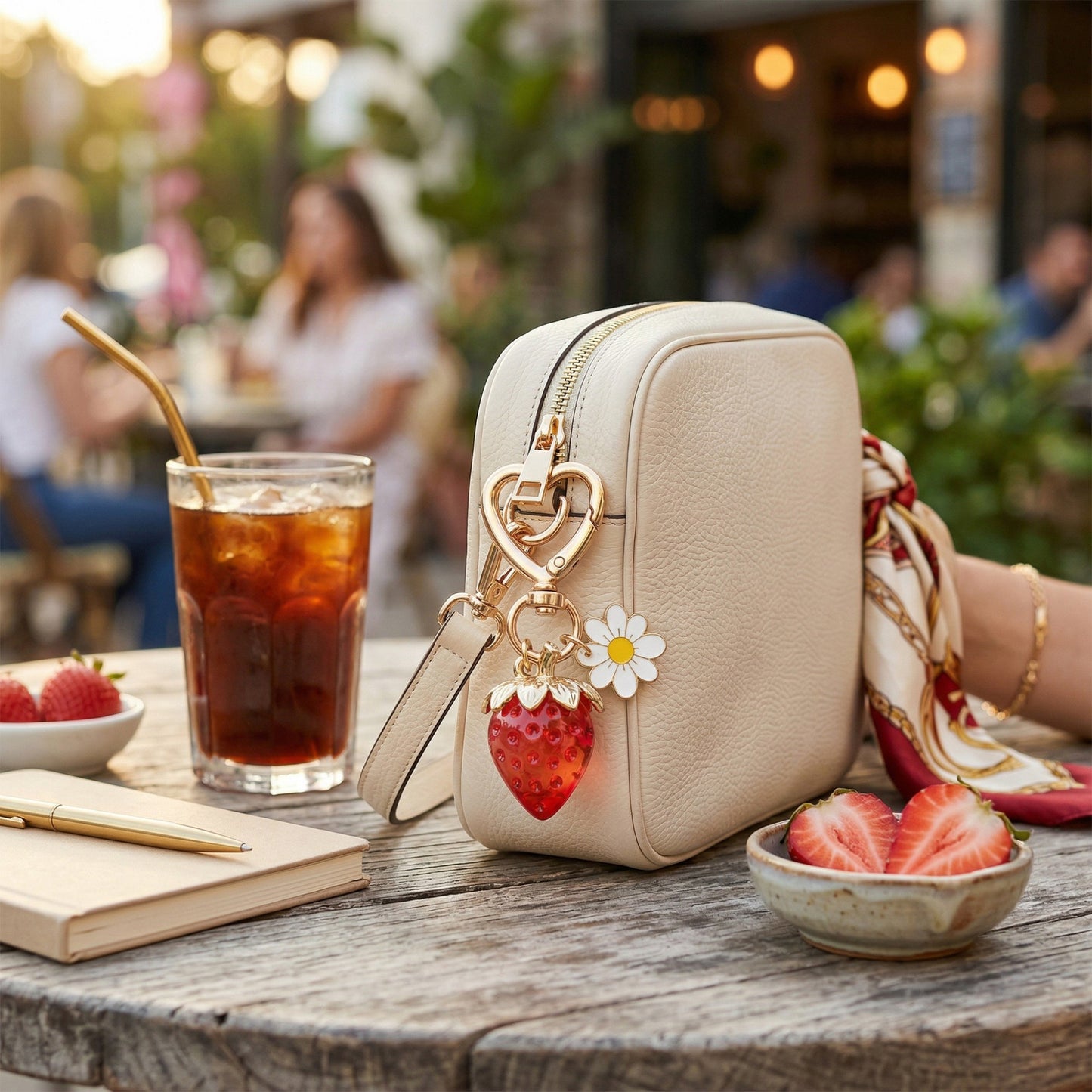 3 Pcs Strawberry Charm Keychain Set with Daisy Pendant and Heart Clip Decorative Bag Charm