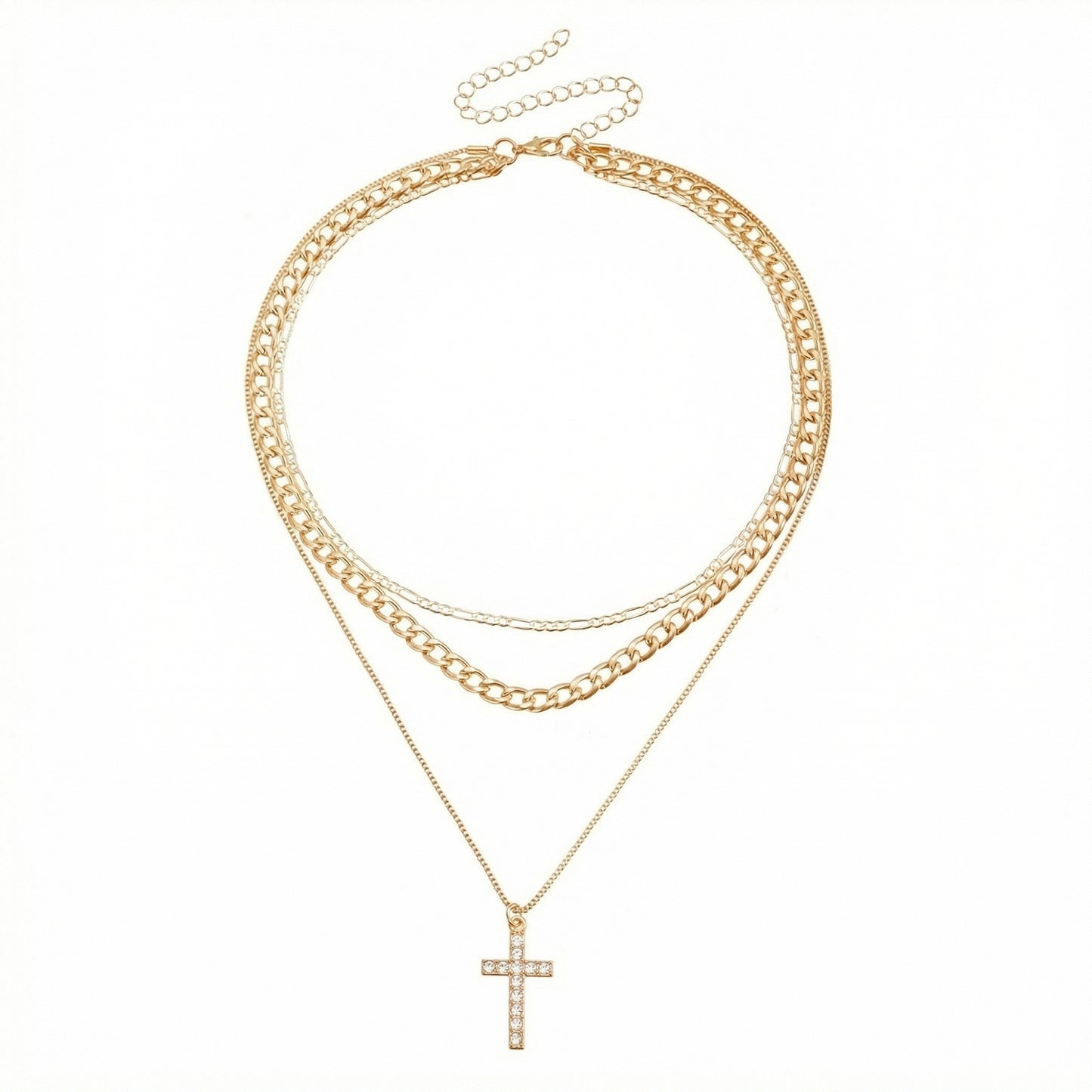 Layered Alloy Chain Necklace with Cross Pendant Adjustable Length Multi Strand Choker Style Jewelry