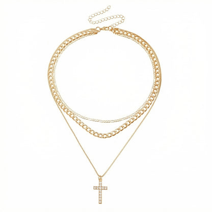 Layered Alloy Chain Necklace with Cross Pendant Adjustable Length Multi Strand Choker Style Jewelry