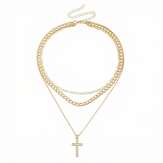 Layered Alloy Chain Necklace with Cross Pendant Adjustable Length Multi Strand Choker Style Jewelry