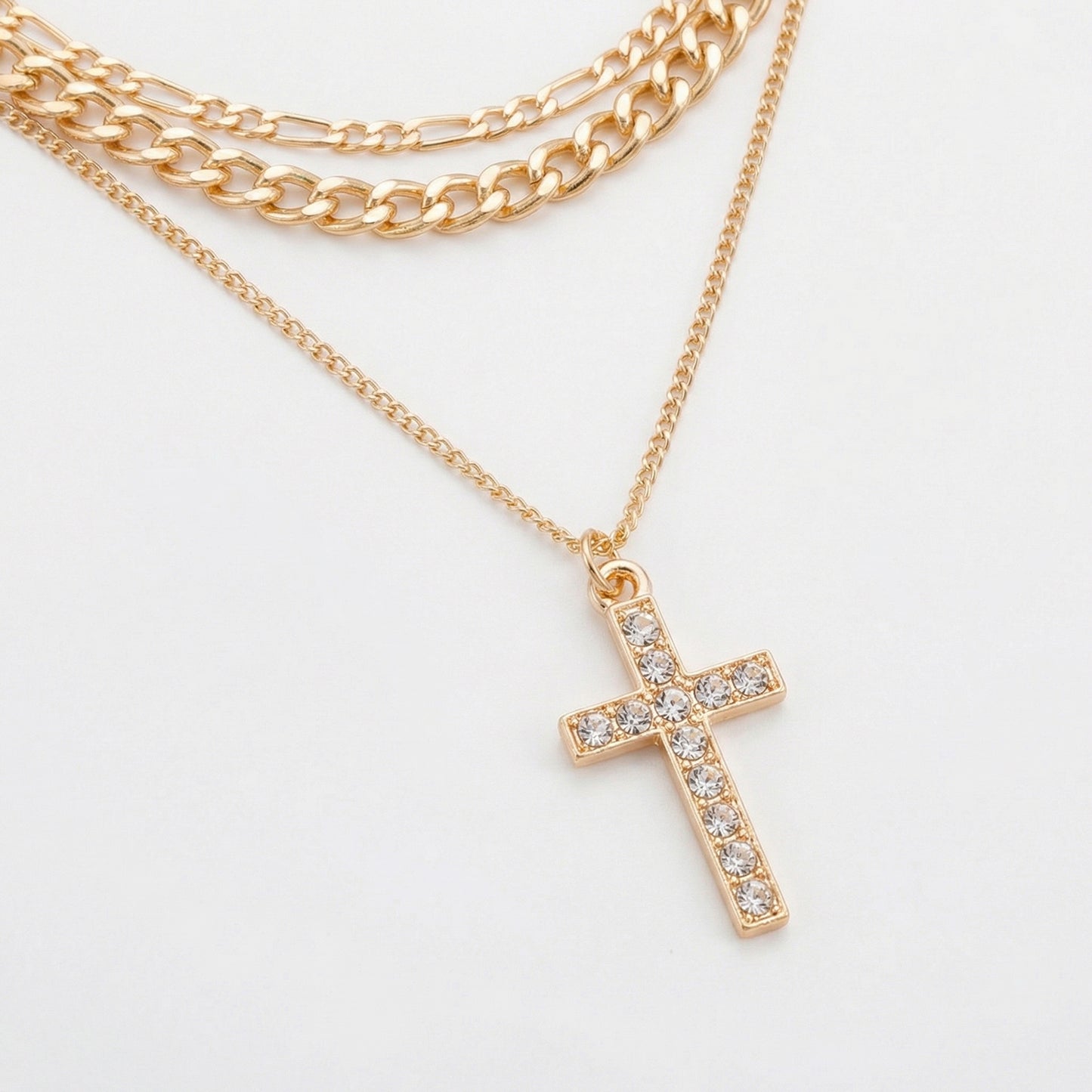 Layered Alloy Chain Necklace with Cross Pendant Adjustable Length Multi Strand Choker Style Jewelry
