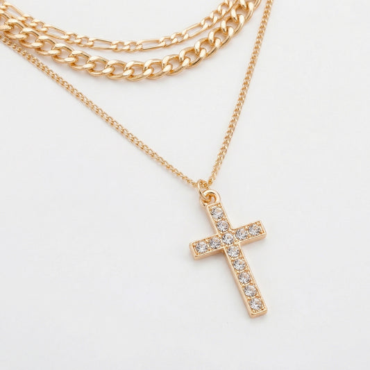 Layered Alloy Chain Necklace with Cross Pendant Adjustable Length Multi Strand Choker Style Jewelry
