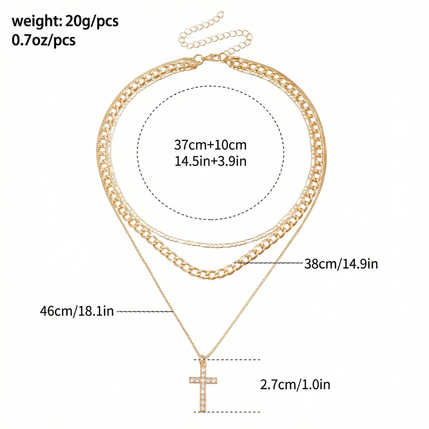 Layered Alloy Chain Necklace with Cross Pendant Adjustable Length Multi Strand Choker Style Jewelry