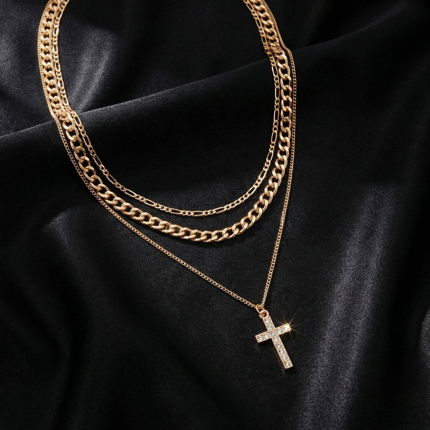 Layered Alloy Chain Necklace with Cross Pendant Adjustable Length Multi Strand Choker Style Jewelry