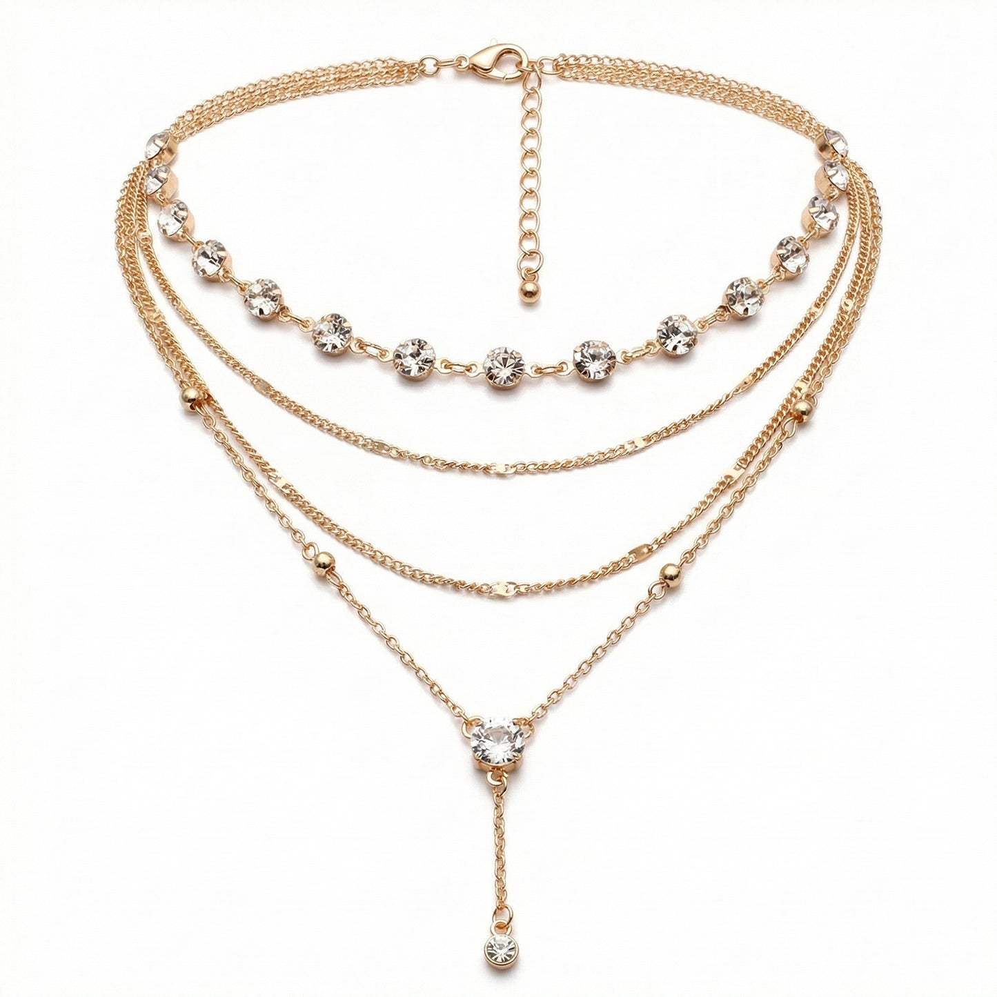 Layered Chain Necklace with Crystal Accents Adjustable Multi Strand Drop Pendant Fashion Jewelry