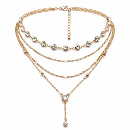Layered Chain Necklace with Crystal Accents Adjustable Multi Strand Drop Pendant Fashion Jewelry