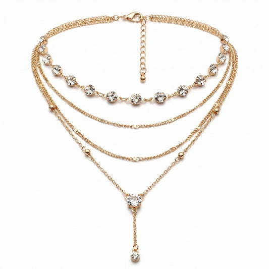 Layered Chain Necklace with Crystal Accents Adjustable Multi Strand Drop Pendant Fashion Jewelry