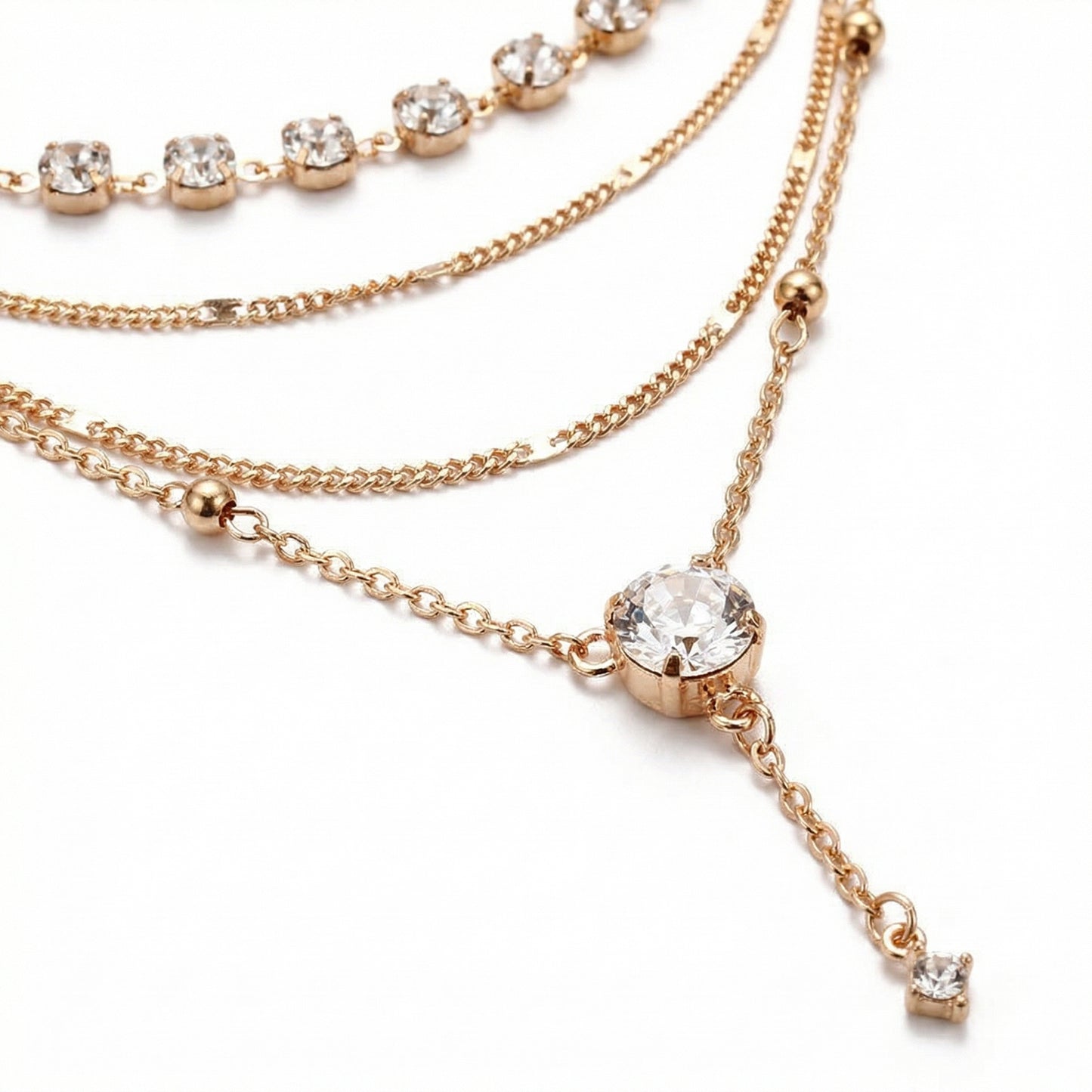 Layered Chain Necklace with Crystal Accents Adjustable Multi Strand Drop Pendant Fashion Jewelry