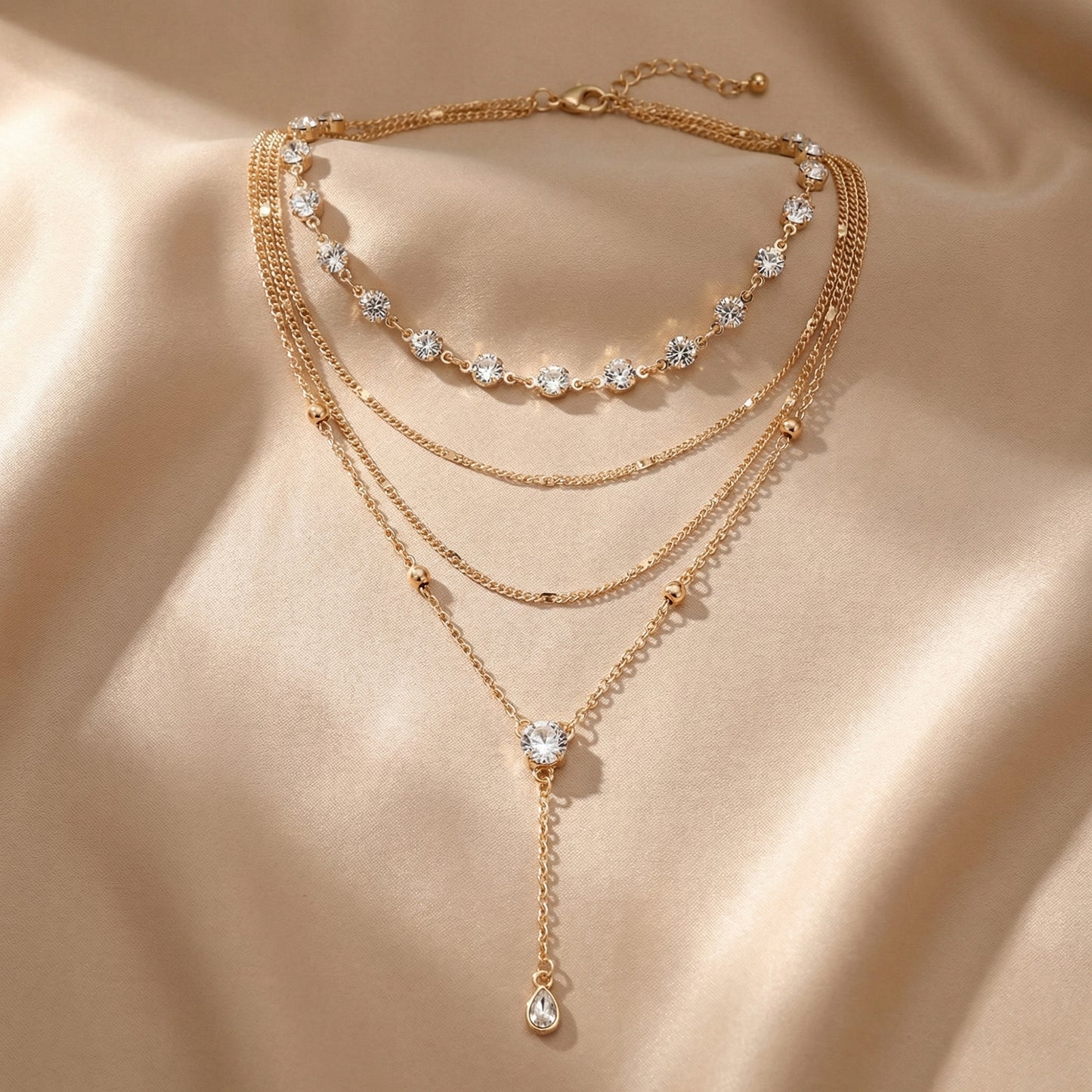 Layered Chain Necklace with Crystal Accents Adjustable Multi Strand Drop Pendant Fashion Jewelry