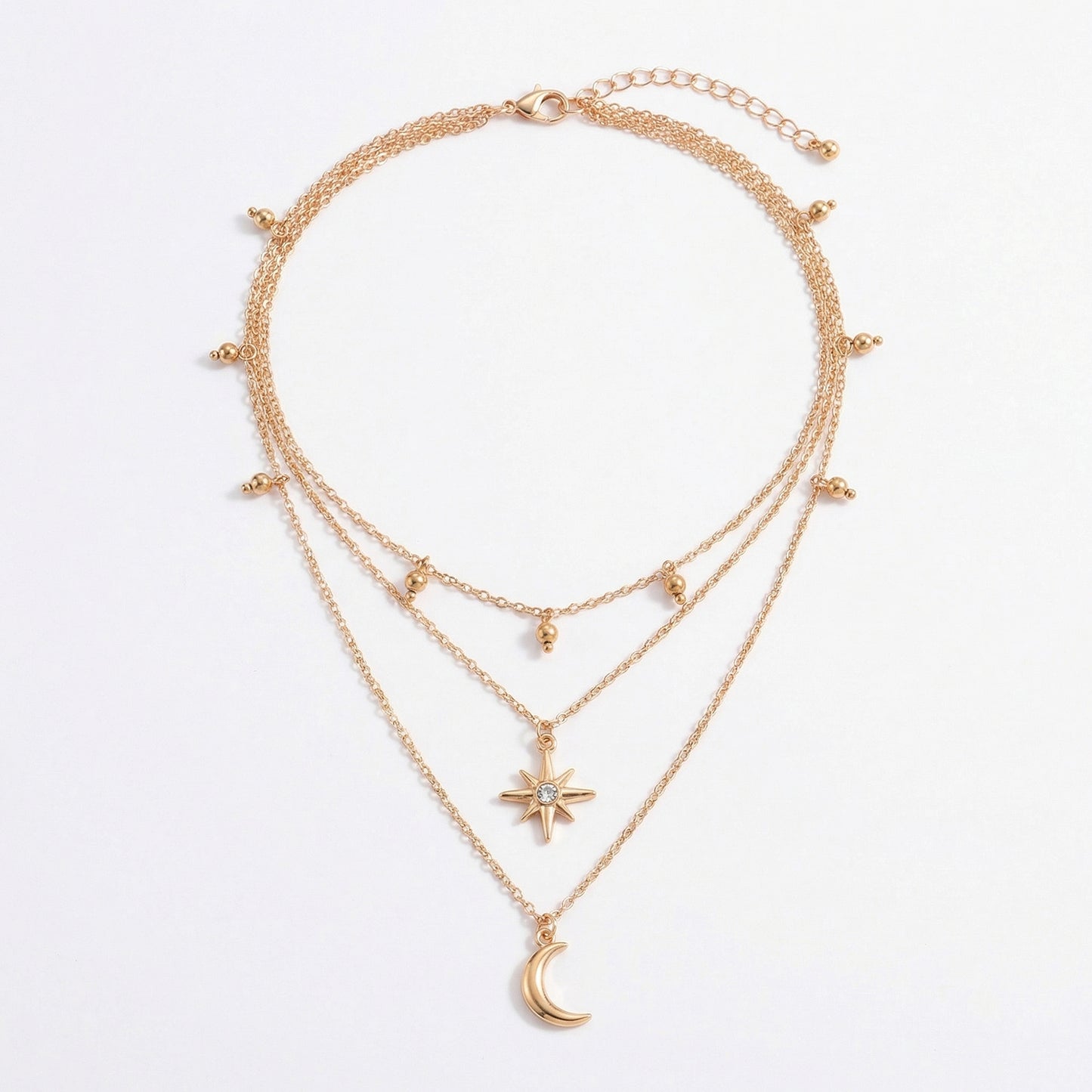 Layered Necklace with Star and Moon Pendant Crystal Accent Multi Strand Adjustable Chain Jewelry