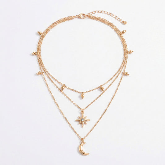 Layered Necklace with Star and Moon Pendant Crystal Accent Multi Strand Adjustable Chain Jewelry