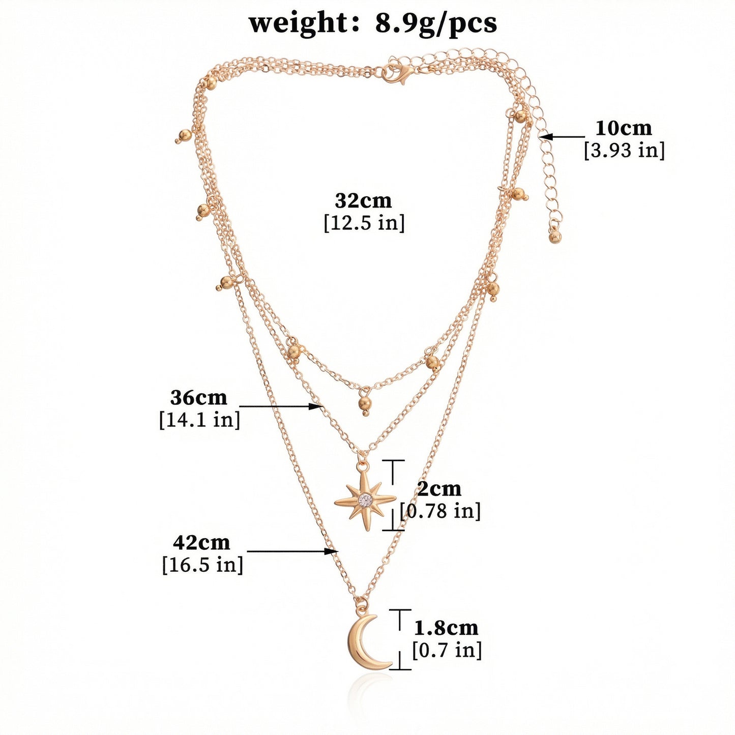 Layered Necklace with Star and Moon Pendant Crystal Accent Multi Strand Adjustable Chain Jewelry