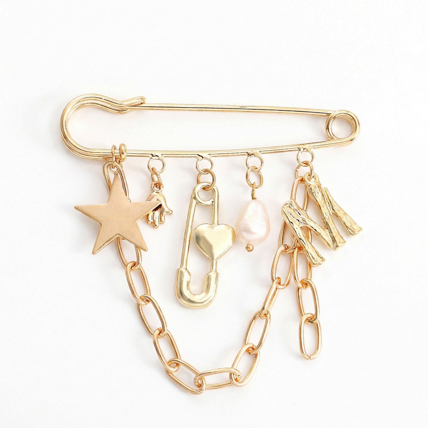 Safety Pin Brooch Star Charm Chain Detail Pearl Accent Pendant Design