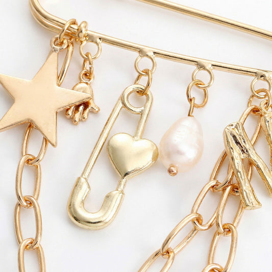 Safety Pin Brooch Star Charm Chain Detail Pearl Accent Pendant Design