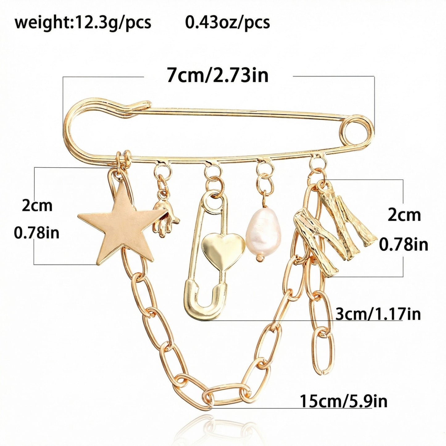 Safety Pin Brooch Star Charm Chain Detail Pearl Accent Pendant Design