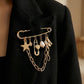 Safety Pin Brooch Star Charm Chain Detail Pearl Accent Pendant Design