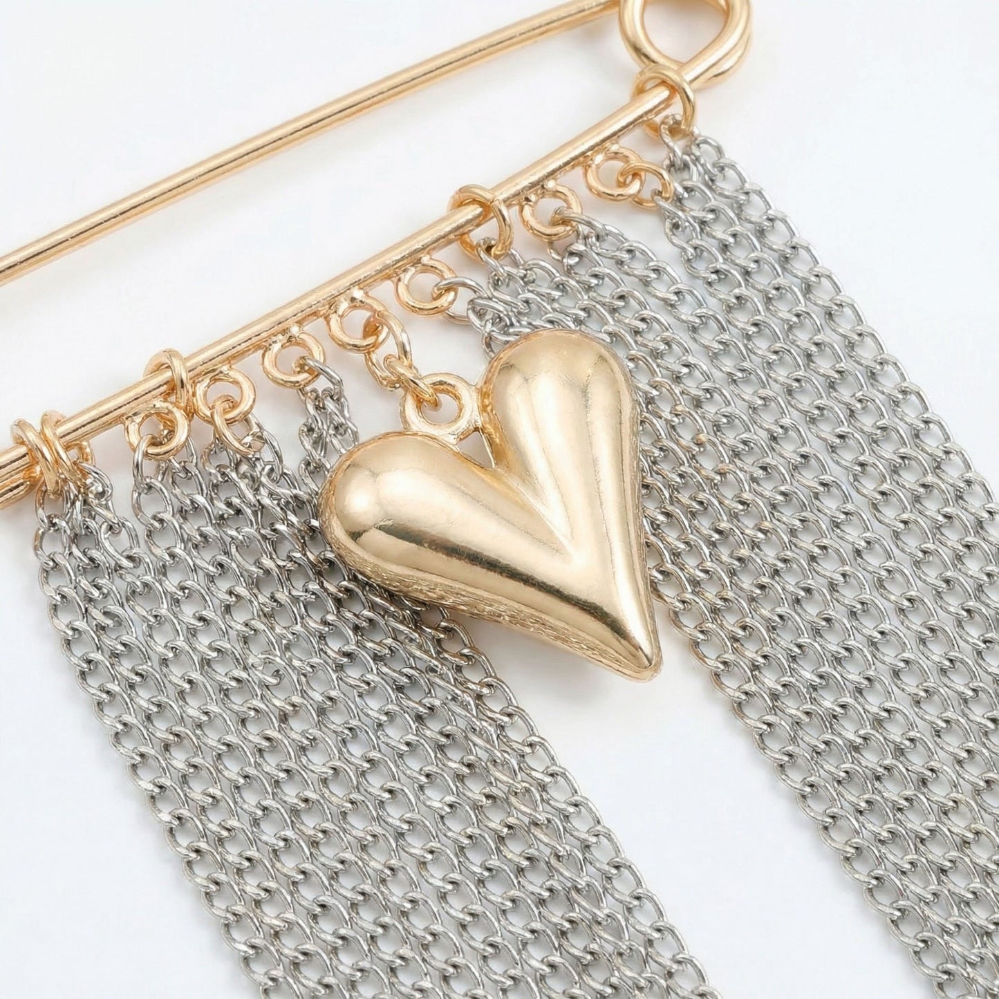 Safety Pin Brooch Chain Fringe Tassel Detail Heart Pendant Statement Design
