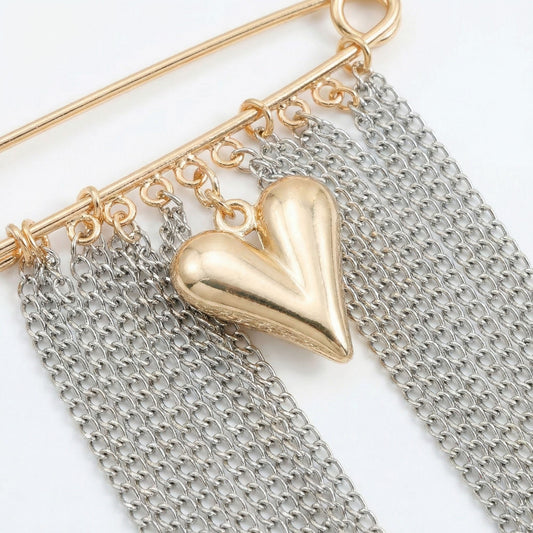 Safety Pin Brooch Chain Fringe Tassel Detail Heart Pendant Statement Design