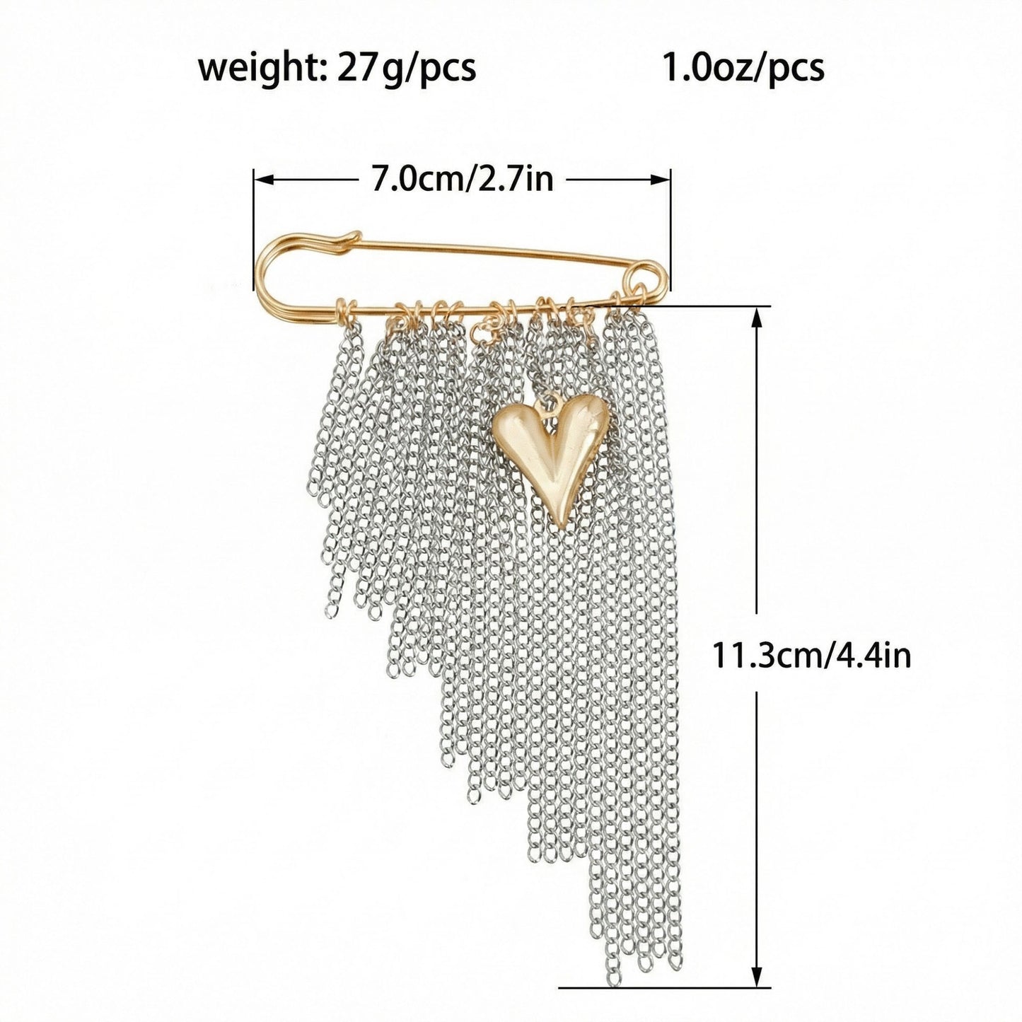 Safety Pin Brooch Chain Fringe Tassel Detail Heart Pendant Statement Design