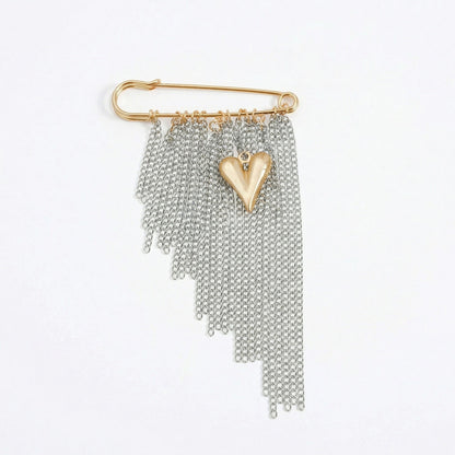 Safety Pin Brooch Chain Fringe Tassel Detail Heart Pendant Statement Design