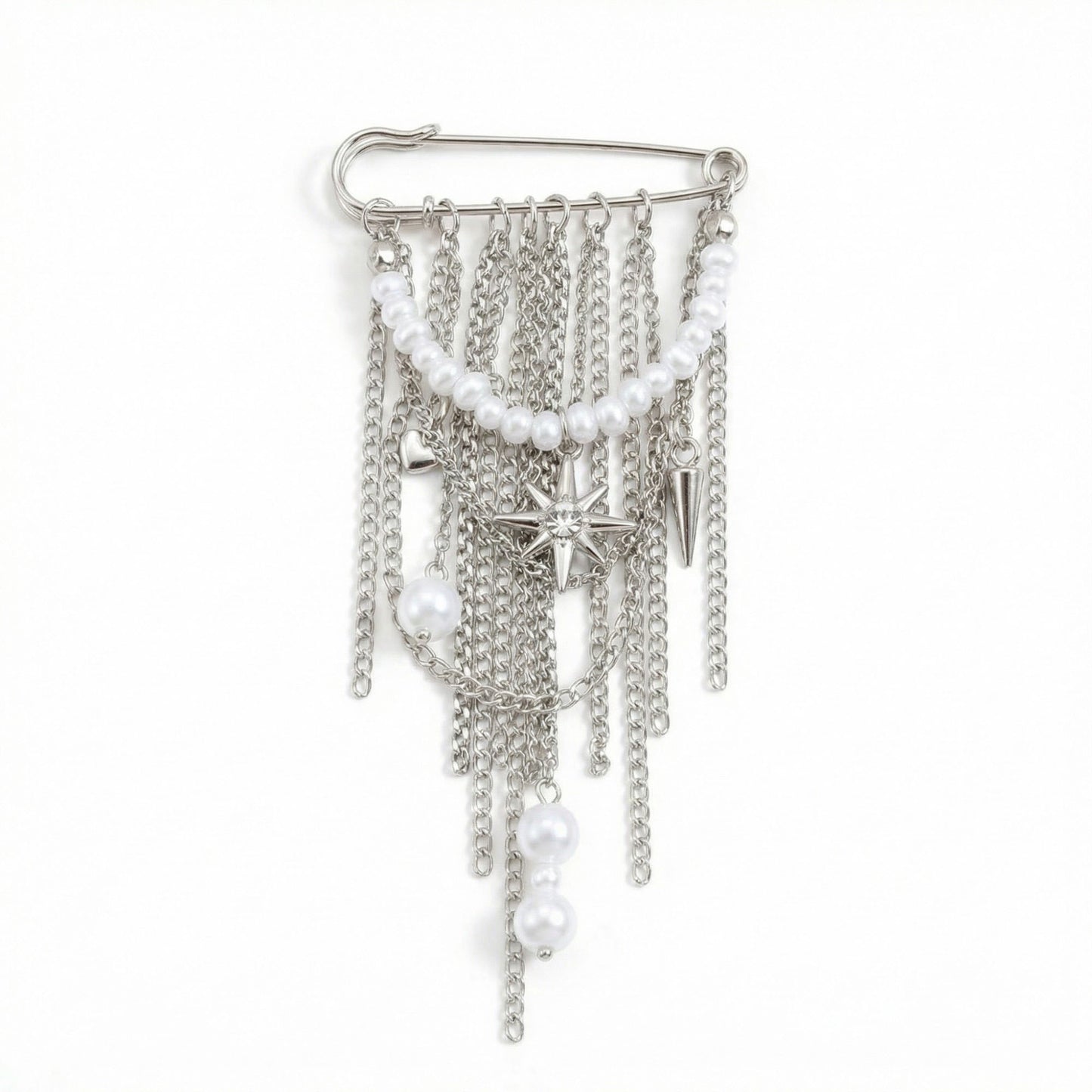 Safety Pin Brooch Chain Fringe Tassel Pearl Bead Detail Star Charm Design
